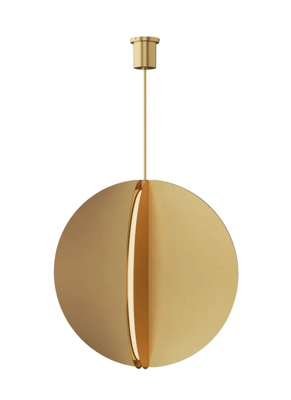 A generously scaled 36-inch pendant that pays homage to Bauhaus design principles with four geometric metal fins housing integrated LEDs. The indirect illumination beautifully grazes the natural brass finish, creating ambient warmth perfect for grand spaces.