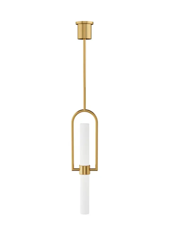 The Calumn LED Pendant by Sean Lavin combines minimalist design with architectural interest through its distinctive metal arch frame. The natural brass finish adds warmth while the integrated LED provides efficient, high-quality light.