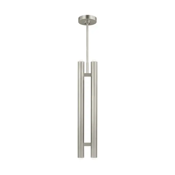 Kelly Wearstler's Ebell pendant reimagines the classic monopoint with dimensional crystal prisms set in cylindrical metal bodies. The integrated warm LED creates an intimate glow through frosted glass, perfect for modern spaces needing refined task or accent lighting.