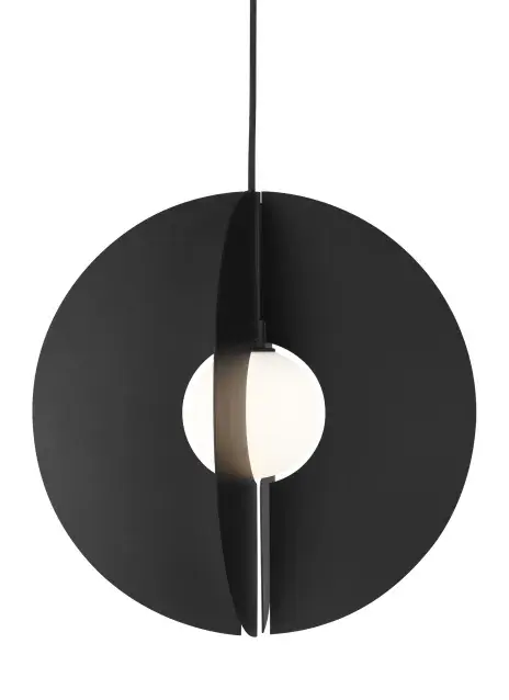 The Orbel Round Pendant by Sean Lavin combines contrasting geometric shapes—metal circles surrounding a frosted glass sphere—for a striking Mid-Century modern aesthetic. At 16 inches in diameter, it's perfectly scaled for kitchen islands, dining areas, and commercial spaces. The dimmable LED design offers both style and energy efficiency.