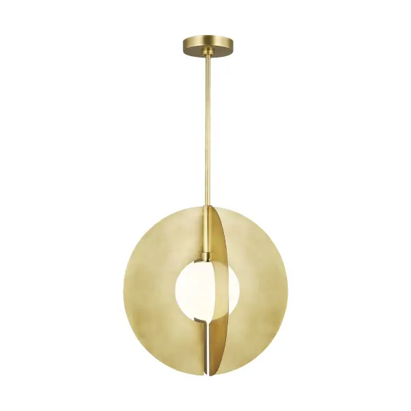 The Orbel Grande combines sculptural metal circles with a frosted glass sphere for dramatic visual impact. At 22 inches in diameter, this Sean Lavin design makes a commanding statement in spacious interiors.