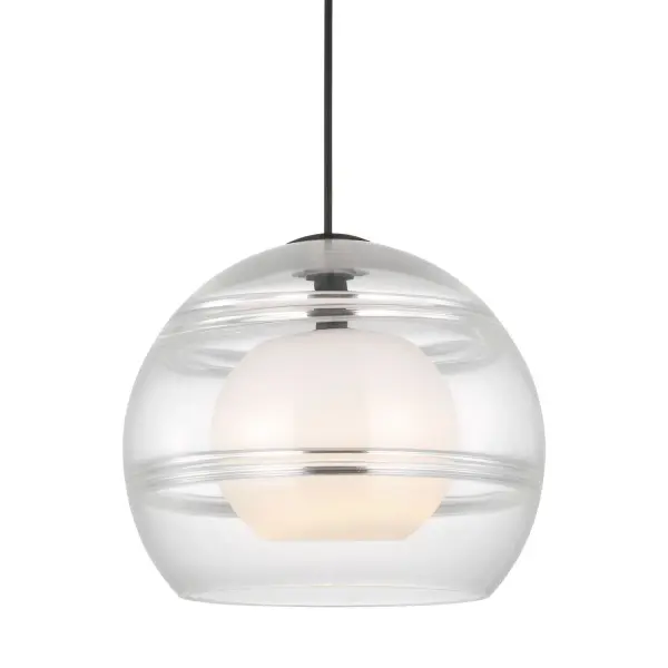 The Sedona pendant combines clean spherical form with artisanal craftsmanship. Its clear glass orb features gradually thickening interior bands that create visual depth and light refraction, making it a statement piece for modern interiors.