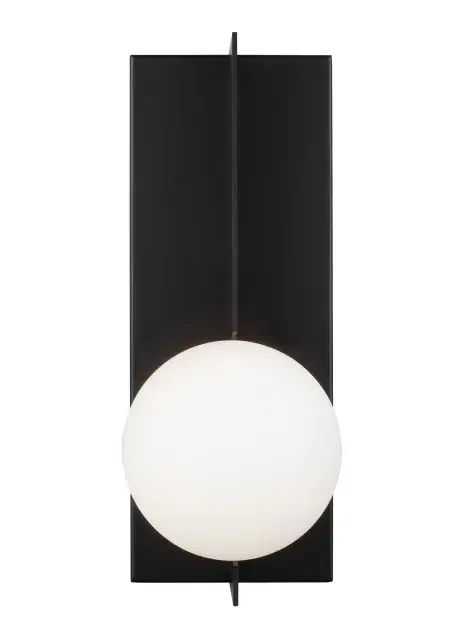 The Orbel Wall Sconce by Sean Lavin brings Mid-Century modern art to life with its striking geometric design. The elongated matte black rectangle paired with a frosted glass sphere creates visual interest while providing soft, diffused light.