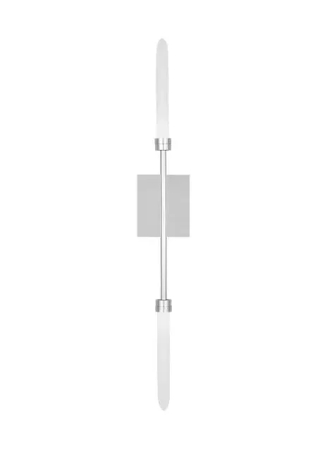The Spur LED Wall Sconce by Sean Lavin features two glass spurs extending in opposite directions with integrated LED lighting. Its sleek polished nickel finish and compact profile make it ideal for modern bathrooms and hallways.