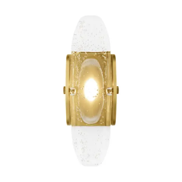 The Wythe LED Sconce by AvroKO combines raw industrial elements with handcrafted cast glass that celebrates natural imperfections. Its warm 2700K LED light beautifully highlights the glass's organic fissures while the plated brass ages gracefully over time.