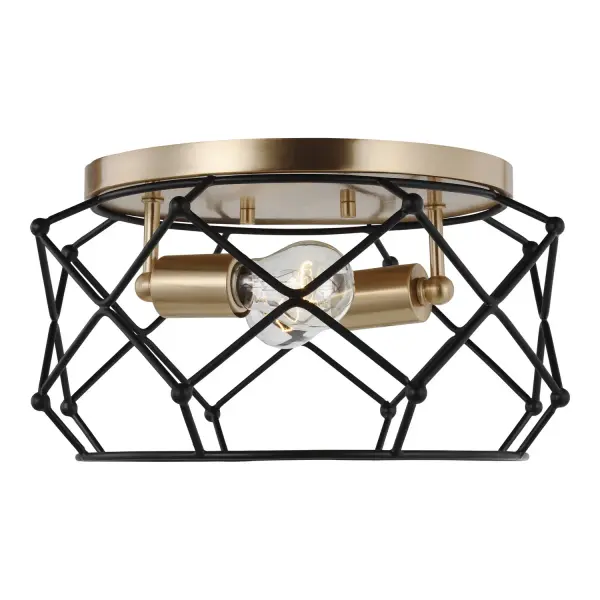 The Zarra flush mount combines mid-century modern geometry with practical ceiling-hugging design. Its open cage silhouette in warm satin brass adds visual interest without overwhelming smaller spaces.
