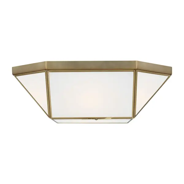 Suzanne Kasler's Morrison flush mount combines a lantern-inspired cube frame with warm satin brass finish and smooth white glass. Perfect for low ceilings where style can't be compromised.
