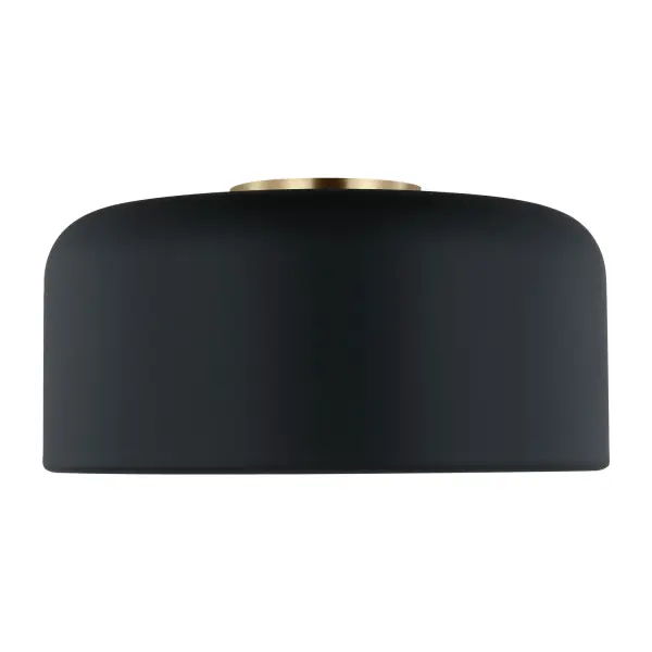 The Malone flush mount combines sleek midnight black with a warm satin brass interior detail for sophisticated contrast. Its compact 13.75-inch profile and simple design make it versatile across multiple rooms.