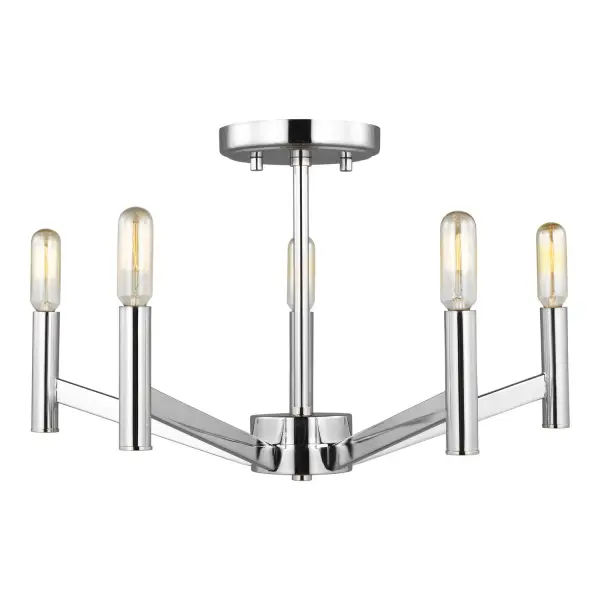 The Vector semi-flush mount brings mid-century modern elegance to compact spaces with its geometric chrome frame and five-light configuration. Perfect for rooms with lower ceilings where a pendant won't work.