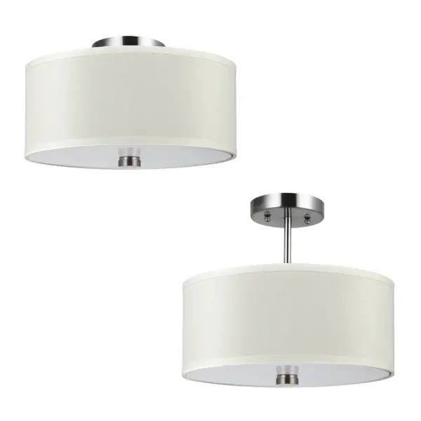 The Dayna combines tailored fabric drum shades with a brushed nickel finish for a clean, transitional look. Its convertible design allows for semi-flush or pendant mounting, making it adaptable to various ceiling heights and room needs.