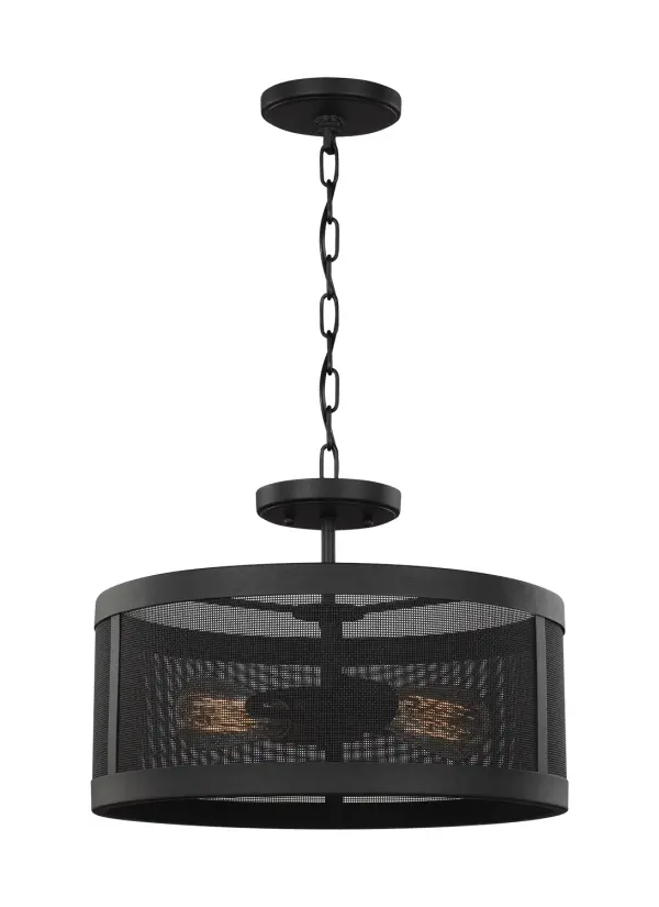 The Gereon semi-flush fixture brings authentic industrial character with its distinctive mesh lampshade and textured black finish. Convertible design allows for semi-flush or pendant installation, while damp rating extends placement options to covered outdoor areas.