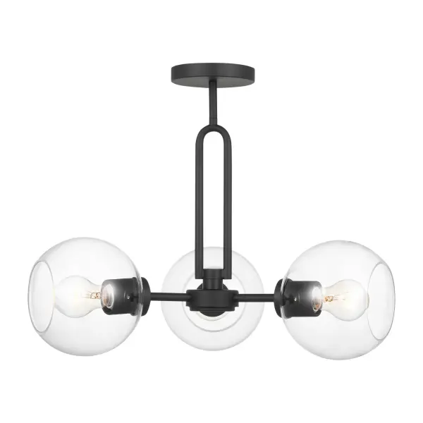 The Codyn semi-flush mount reimagines mid-century design with clean lines and subtle sophistication. Its elongated keyhole strap detail and open-ended clear glass spheres create visual interest without overwhelming a space.
