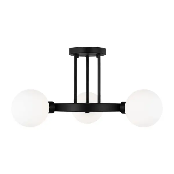 The Clybourn combines industrial edge with minimalist restraint, featuring clean steel construction in Midnight Black and soft milk glass shades. Its compact 21-inch profile and low 10-inch height make it ideal for standard ceilings while delivering substantial light output through three G9 bulbs.