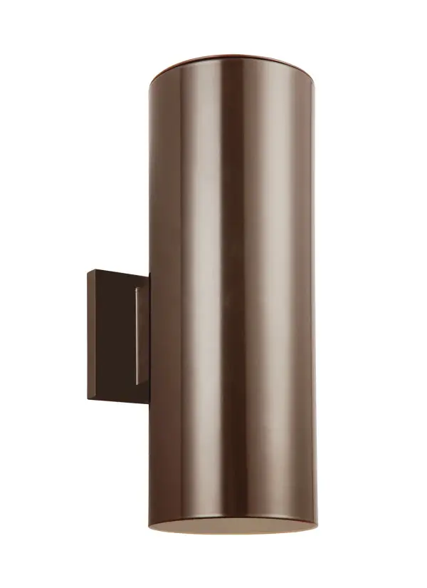 A compact, contemporary outdoor wall lantern featuring integrated LED technology and wet-rated durability. The cylindrical tempered glass shades and bronze finish deliver modern style with practical illumination for entryways and outdoor spaces.