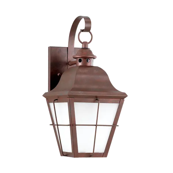 The Chatham Small Wall Lantern brings timeless traditional styling with a weathered copper finish that adds rustic coastal appeal. Clear seeded glass panels create beautiful light diffusion while white aluminum accents provide clean contrast.