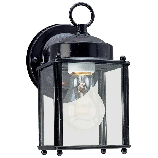 The New Castle Small Outdoor Wall Lantern delivers traditional charm in a compact footprint. Its black finish and clear glass panels create a versatile look that complements various architectural styles.
