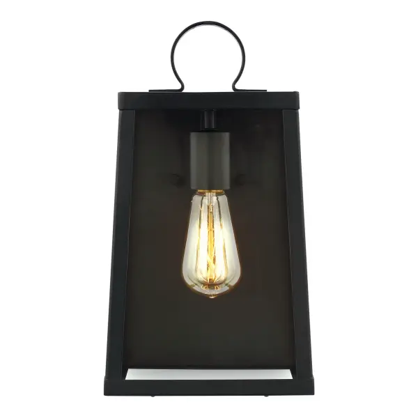 The Marinus wall lantern combines timeless lantern styling with a contemporary squared-off silhouette. Its textured Blacksmith finish and clear glass showcase vintage-style bulbs beautifully while providing reliable outdoor illumination.