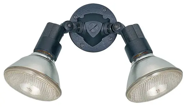 This practical two-light flood fixture offers adjustable swivel heads for customizable outdoor illumination. The textured black finish provides durability and weather resistance, making it ideal for security and accent lighting.