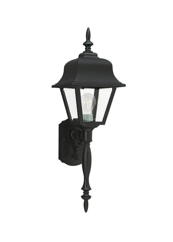 This 25-inch tall outdoor wall lantern combines traditional styling with modern durability. The polycarbonate construction offers superior weather resistance while the black finish provides timeless appeal for any exterior.