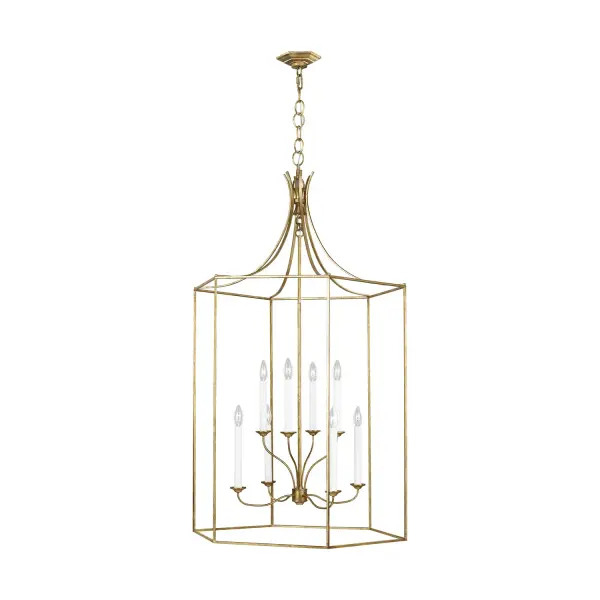 Alexa Hampton's Bantry House chandelier combines an airy, open frame with sophisticated candelabra styling. The birdcage-inspired design features slim metal bars and curved light arms that create dramatic visual interest in grand entryways and dining spaces.