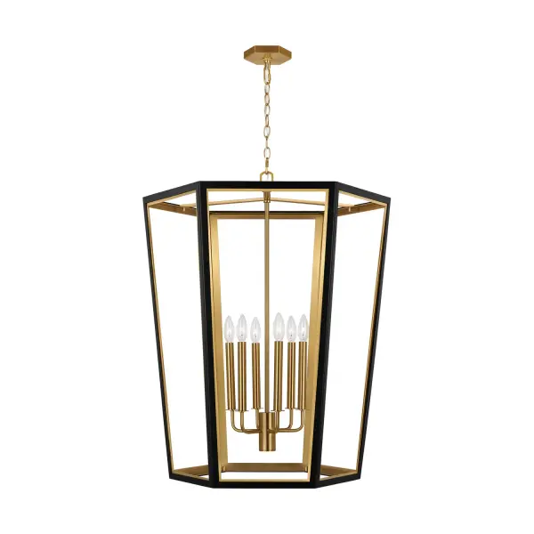 Alexa Hampton's Curt lantern reimagines the classic foyer fixture with bold geometry and refined details. The hexagonal hub and golden accents elevate the matte black finish, creating a statement piece that bridges traditional and modern aesthetics.