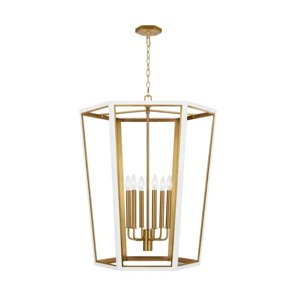 Alexa Hampton's Curt lantern reimagines the classic antique lantern with contemporary sophistication. The matte white steel frame with golden details and striking hexagonal hub creates a statement piece perfect for grand entryways and dining spaces.