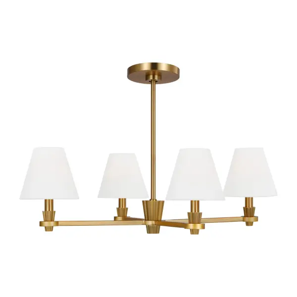 Designer Alexa Hampton's Paisley chandelier balances timeless shaded design with modern riveted details. The burnished brass finish and white linen shades create warm, diffused light perfect for intimate dining or welcoming entryways.
