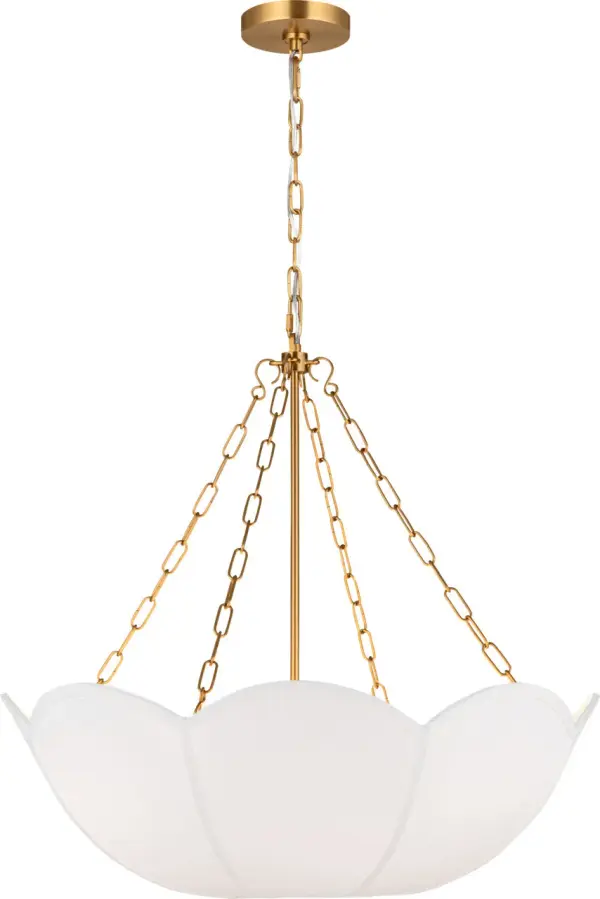 The Stassi Small Chandelier combines classic elegance with contemporary sensibility. Its burnished brass finish adds warmth and sophistication to intimate spaces, while the fabric shade provides soft, diffused lighting. - alternate view