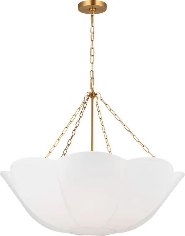 The Stassi Medium Chandelier combines classic elegance with contemporary sensibility. Its burnished brass finish adds warmth and sophistication, while the fabric shade provides soft, diffused lighting perfect for dining and living spaces.