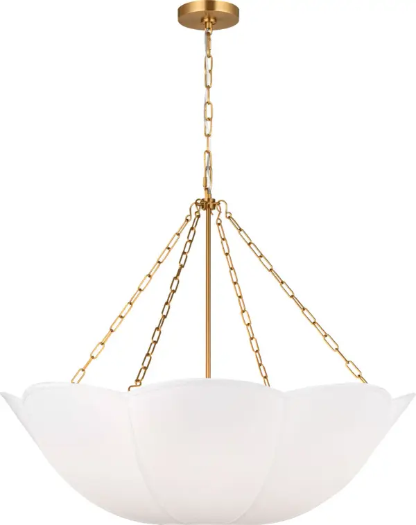 The Stassi Medium Chandelier combines classic elegance with contemporary sensibility. Its burnished brass finish adds warmth and sophistication, while the fabric shade provides soft, diffused lighting perfect for dining and living spaces. - alternate view