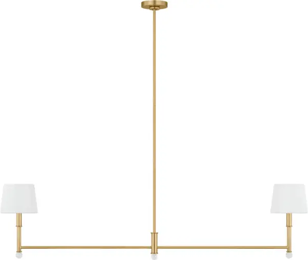 Alexa Hampton's Greard 55" Linear fixture combines refined simplicity with urban sophistication. Natural linen shades deliver balanced illumination while clear decorative ball accents add refined sparkle, making it perfect for modern dining rooms and kitchen islands.