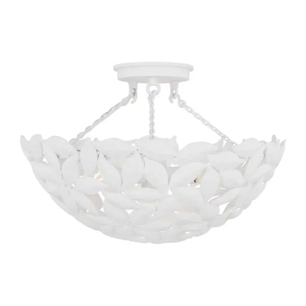 The Kelan semi-flush mount by Alexa Hampton combines classic bowl pendant styling with hand-detailed leaf motifs for a soft, sophisticated look. Its textured white finish and compact 16-inch profile make it versatile for various residential and hospitality spaces.