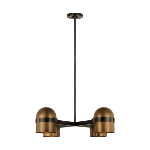 The Octavia Medium Chandelier combines blackened bronze and bright worn brass finishes for a striking transitional design. With integrated 2700K LED lighting and 90 CRI, it delivers warm, color-accurate illumination perfect for dining and entertaining spaces. - alternate view