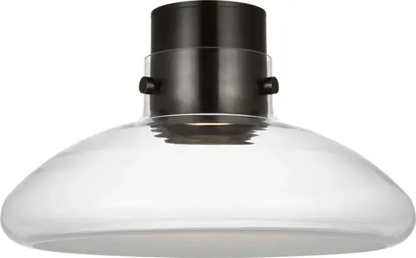 The Morgan flush mount combines classic burnished bronze finish with clear glass in a versatile 18" profile. Features advanced 2700K-1800K warm dimming and exceptional 90 CRI for superior color rendering in low-ceiling spaces. - alternate view