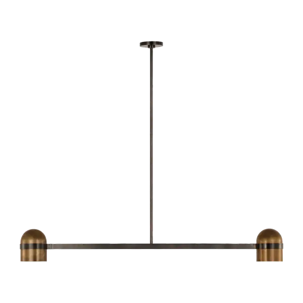 The Octavia Large Linear Chandelier combines blackened bronze and bright worn brass in a contemporary design perfect for modern dining rooms and kitchen islands. High-quality 2700K LED with 90 CRI delivers warm, accurate lighting.