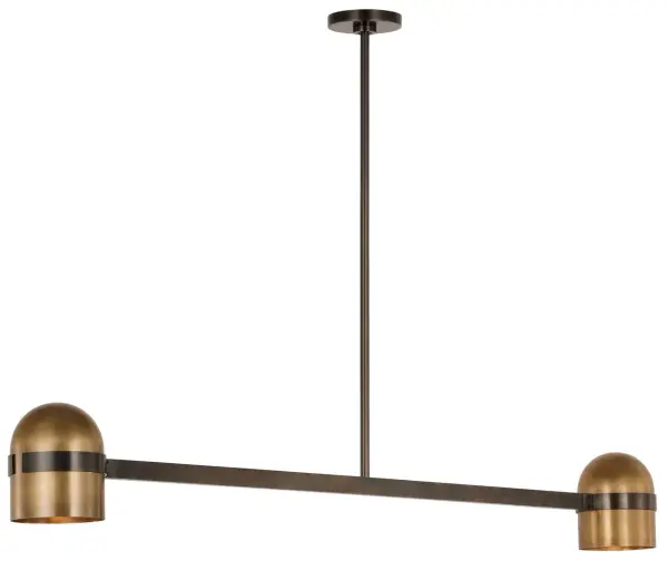 The Octavia Large Linear Chandelier combines blackened bronze and bright worn brass in a contemporary design perfect for modern dining rooms and kitchen islands. High-quality 2700K LED with 90 CRI delivers warm, accurate lighting. - alternate view