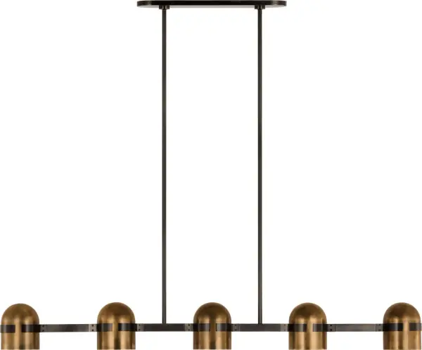 The Octavia X-Large Linear Chandelier combines blackened bronze and bright worn brass in a sophisticated contemporary design. Its generous scale and warm 2700K LED lighting make it perfect for large dining rooms and open-concept spaces. - alternate view