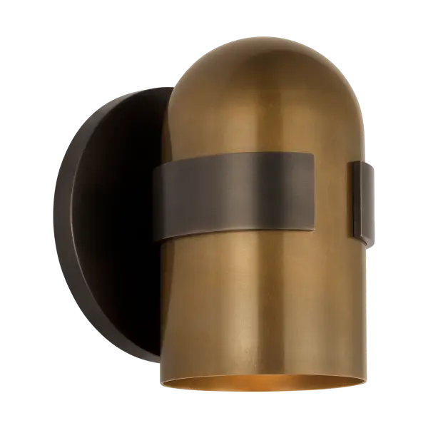 The Octavia Small Sconce combines blackened bronze and bright worn brass finishes for sophisticated visual interest. With 2700K warm LED and 90 CRI, it delivers excellent color rendering in a compact wall-mounted design. - alternate view
