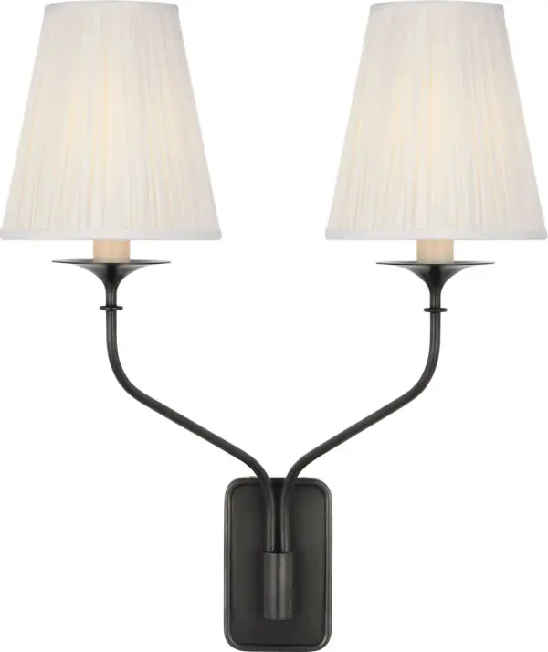 Knox 19" Double Sconce in Bronze with Silk Pleated Shades - Image 1