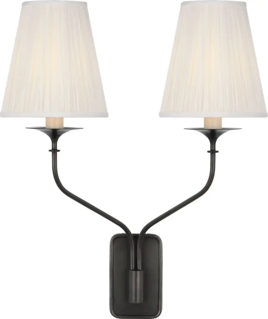 Knox 19" Double Sconce in Bronze with Silk Pleated Shades - Image 1