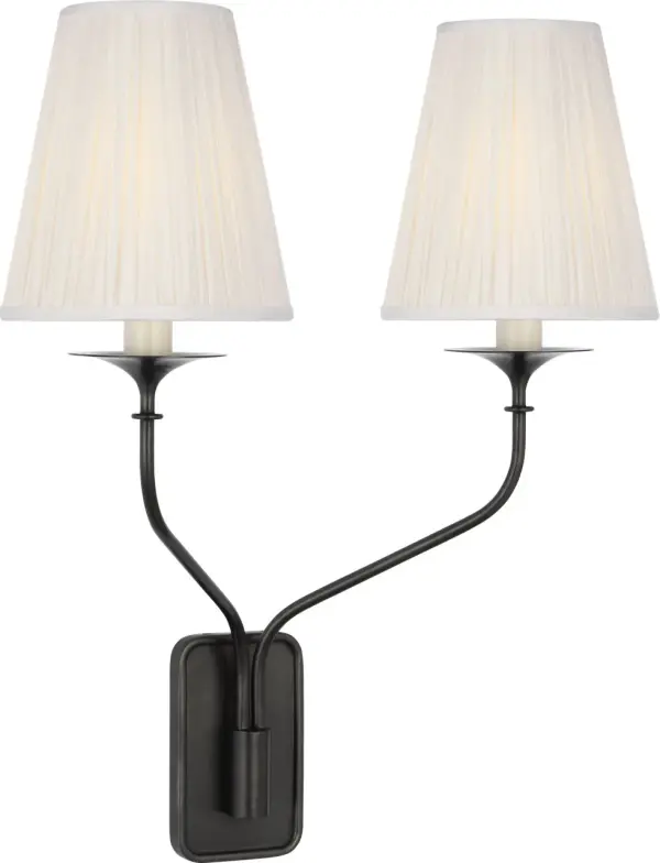 Knox 19" Double Sconce in Bronze with Silk Pleated Shades - Image 3