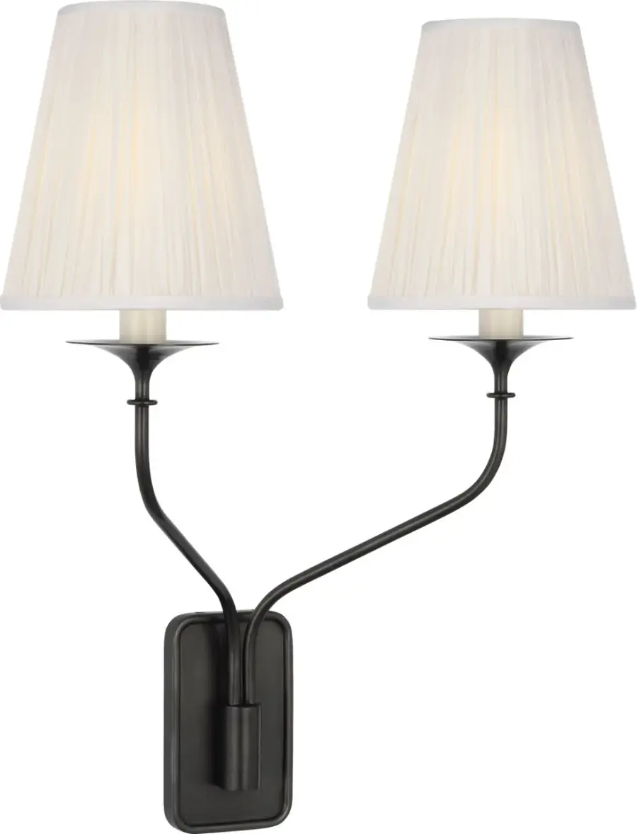 Knox 19" Double Sconce in Bronze with Silk Pleated Shades - Image 3