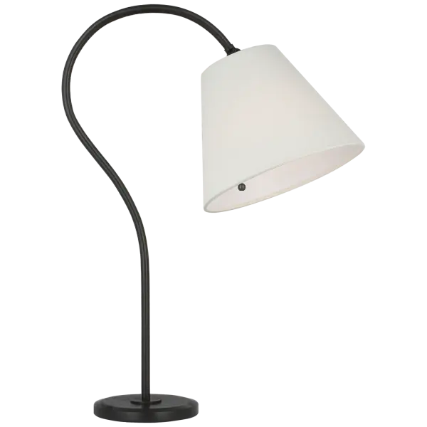 The Dume arched table lamp combines industrial-inspired aged iron with a soft linen shade, creating versatile task and ambient lighting. Its 24" height makes it perfect for reading nooks, bedside tables, or office desks.