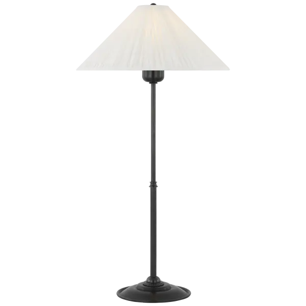 The Soren table lamp combines timeless bronze finish with a sophisticated silk pleated shade, creating versatile ambient lighting. At 23" tall, it's perfectly proportioned for bedside tables, living room accents, or office desks. - alternate view