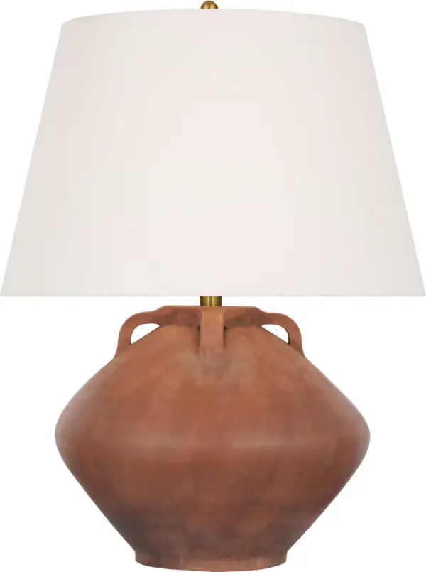 The Brewer table lamp brings earthy sophistication with its natural terracotta ceramic base and soft linen shade. At 25" tall, it provides substantial presence while maintaining versatility across traditional and contemporary interiors.