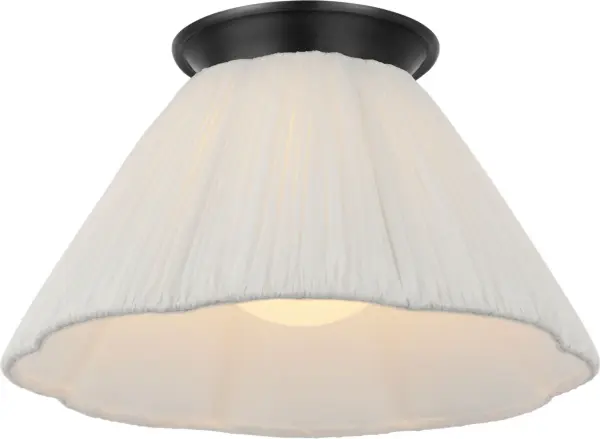 The Bradley flush mount combines traditional bronze metalwork with a sophisticated scalloped silk pleated shade. At 12 inches, it provides elegant ambient lighting for bedrooms and hallways without sacrificing headroom.