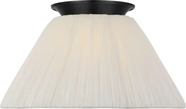 The Bradley flush mount combines traditional bronze metalwork with a sophisticated scalloped silk pleated shade. At 12 inches, it provides elegant ambient lighting for bedrooms and hallways without sacrificing headroom. - alternate view