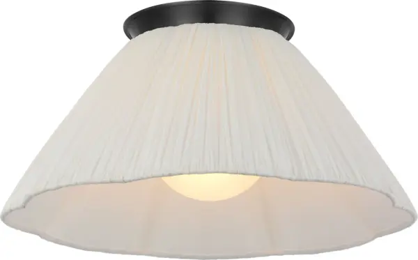 The Bradley flush mount combines classic bronze metalwork with a sophisticated scalloped silk pleated shade. At 18 inches, it provides substantial presence while maintaining a low profile perfect for standard ceiling heights.