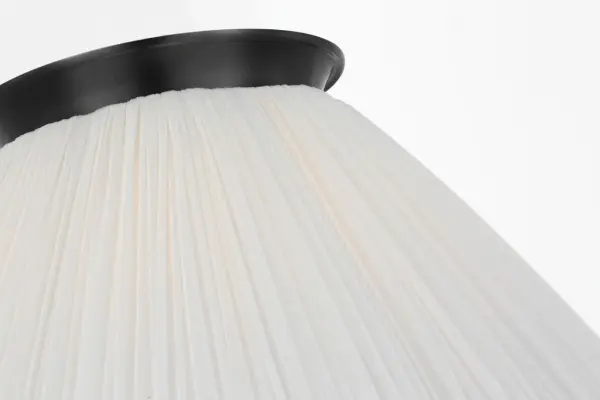 The Bradley flush mount combines classic bronze metalwork with a sophisticated scalloped silk pleated shade. At 18 inches, it provides substantial presence while maintaining a low profile perfect for standard ceiling heights. - alternate view
