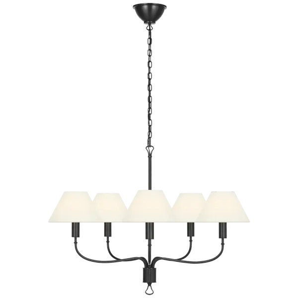 The Griffin chandelier combines traditional elegance with artisanal craftsmanship. Bronze framework paired with chocolate leather accents and linen shades creates a warm, refined aesthetic perfect for formal and casual spaces alike.